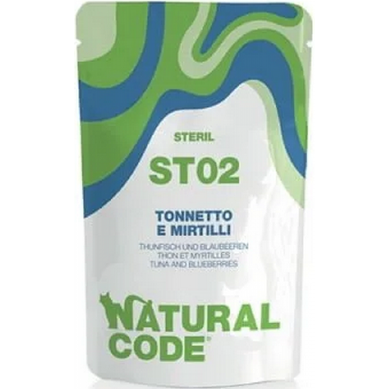 Natural Code Πατέ τροφή για ενήλικες γάτες Sterilized σε φακελάκι με Τόνο & Μύρτιλλα 70gr